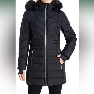 Womens London Fog 3/4 Puffer Coat with Detachable Faux Fur Hood NEW